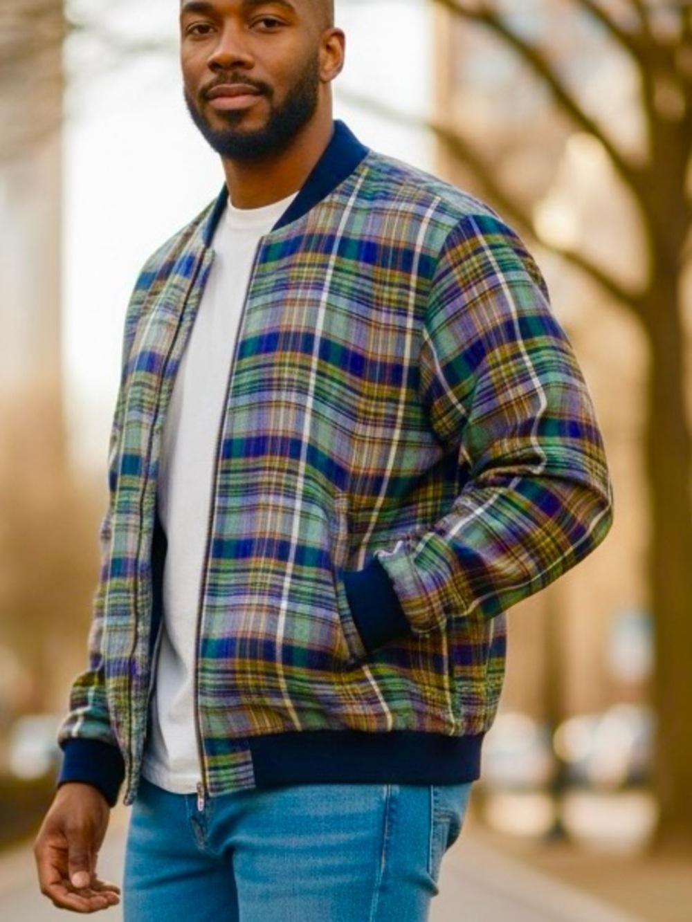 NWT INSERCH Limited Edition 100% Linen Madras Plaid Bomber Jacket Mens 2XL